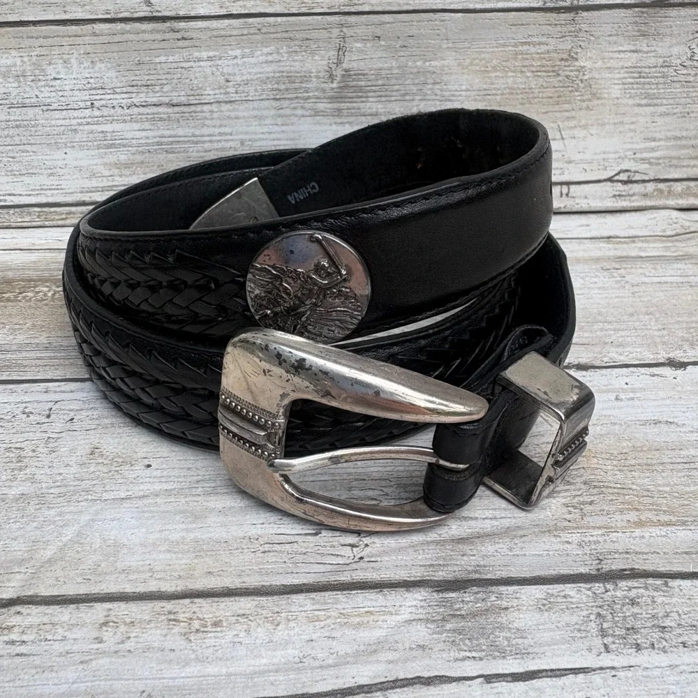 Onyx by Brighton Belt 36 Black VTG 1998 Western Golf Leather Concho Braided